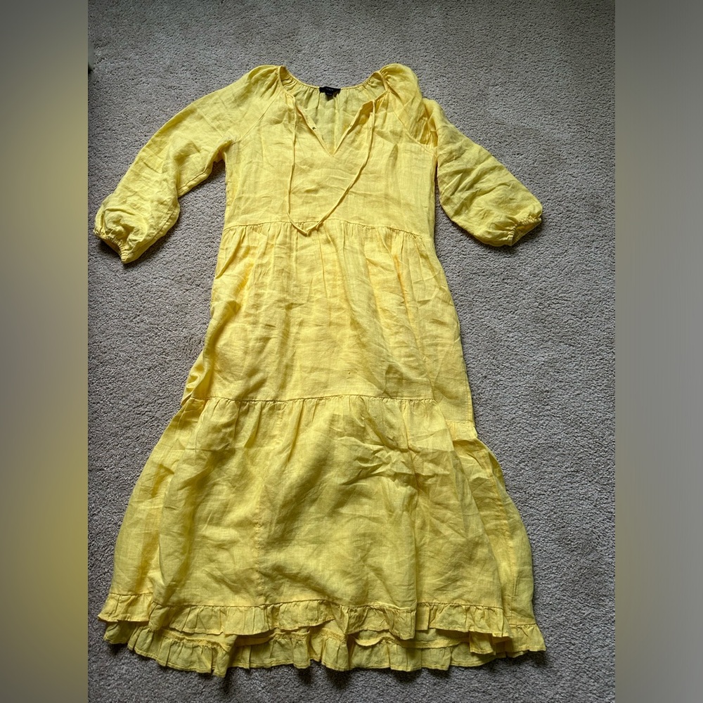 Yellow linen midi tiered dress